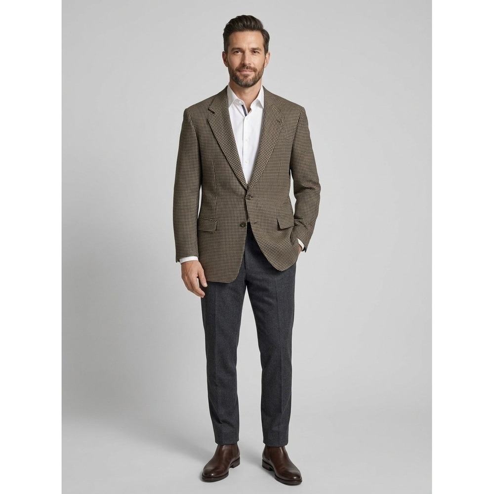 Ermenegildo Zegna Soft Mens 100% Wool Houndstooth Blazer Sport Coat Brown XL